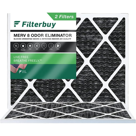Filterbuy 20x25x1 Éliminateur d'Odeurs 8 Filtres à Air Plissés HVAC AC Fournaise avec Charbon Actif (2-Pack)