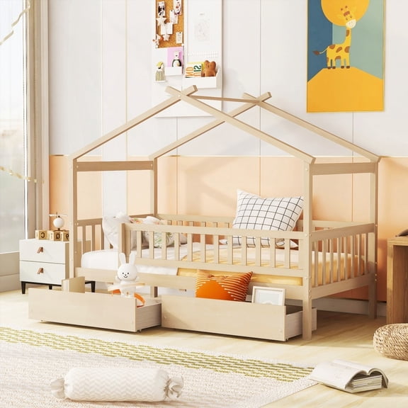 Natural Twin Size Wooden House Bed Featuring Two Drawers - Imaginative Design & Sturdy Build