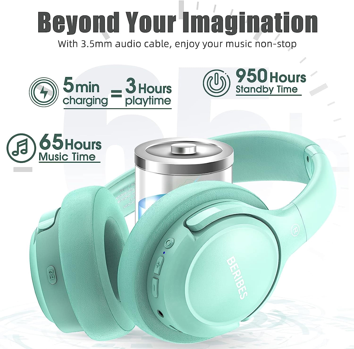 Bluetooth Wireless Headphones Over Ear,BERIBES 65H Playtime and 6 EQ Music Modes with Microphone,HiFi Stereo Foldable Lightweight Headset, Deep Bass for Home Office Cellphone PC Etc.(Green)