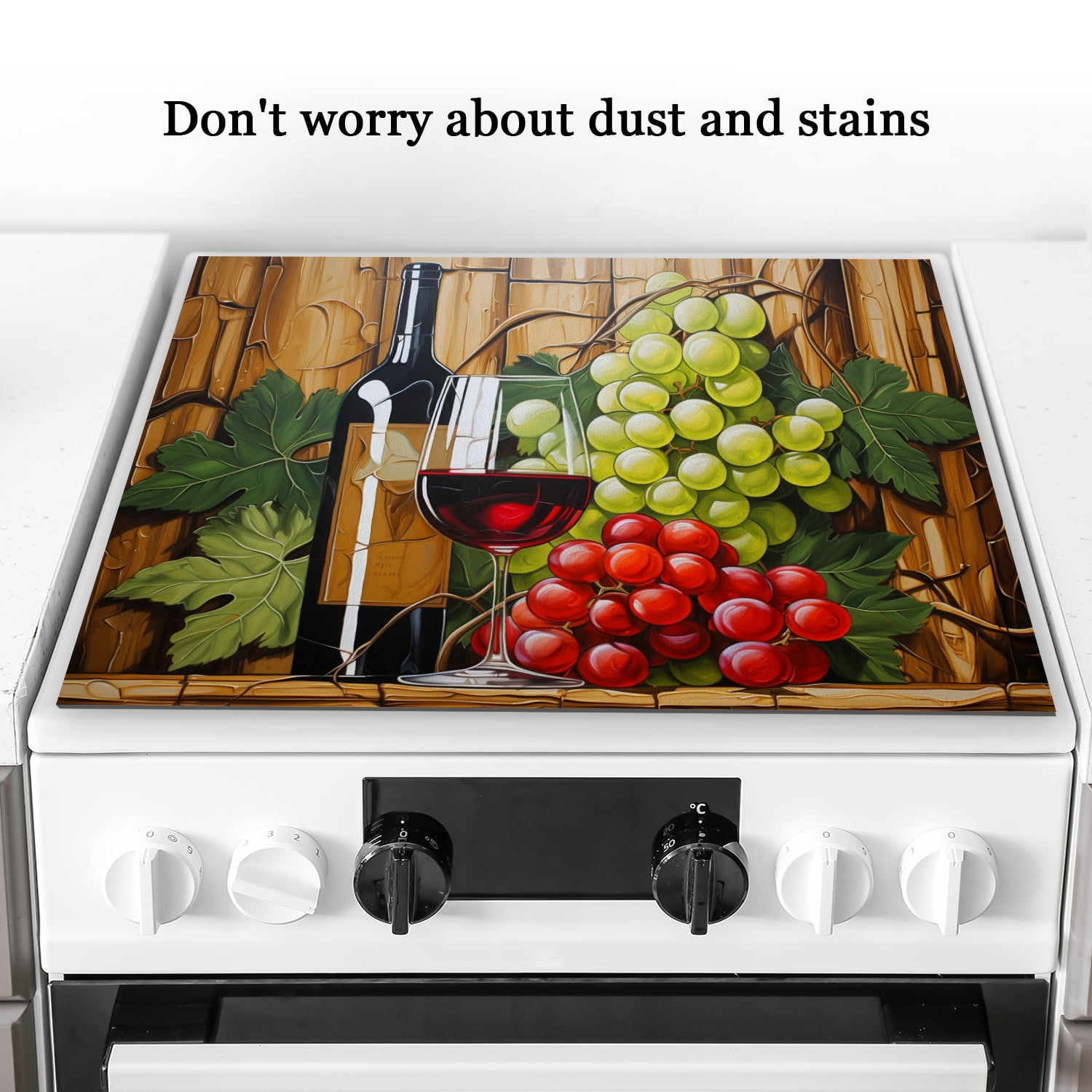 Square Cover for Stove Top Electric Flat Top, Wine Bottle With Glass And Grapes, Glass Stovetop Cover, Decorative Cooktop Mat for Kitchen RV (28×20 Inch)