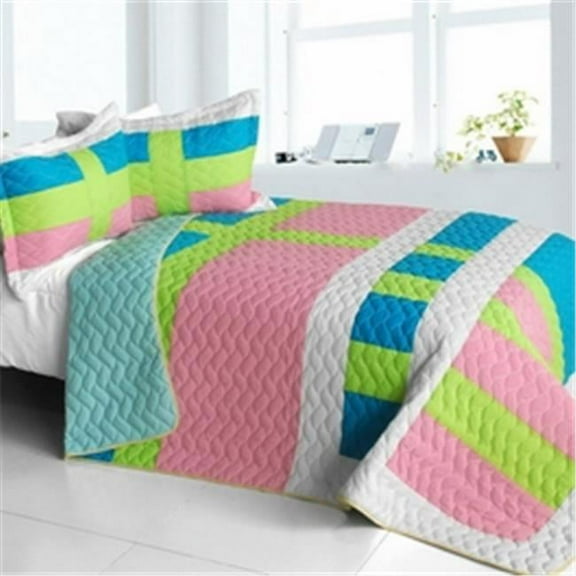 ONITIVA-QTS01241-23 Lollipops - A  Vermicelli-Quilted Patchwork Geometric Quilt Set  Full & Queen - Pink