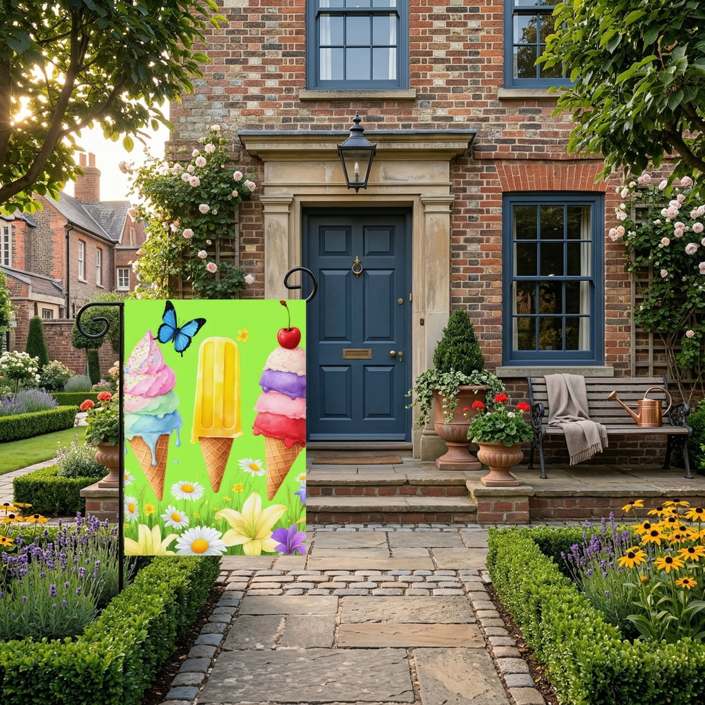 Seasonal Summer Garden Flags A Group of Ice Cream Cones Sitting on Top of a Lush Green Field Decorative Full Size 28x40" Guest Welcome Flag.