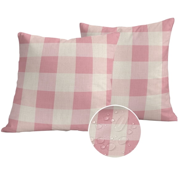Pink Farmhouse Outdoor Pillow Covers 18x18 Set of 2,Waterproof Patio Throw Pillowcase Protectors,Buffalo Plaid Check Lattice Geometric Decorative Pillow Shams Cushion Covers for Seat Bed Couch Sofa