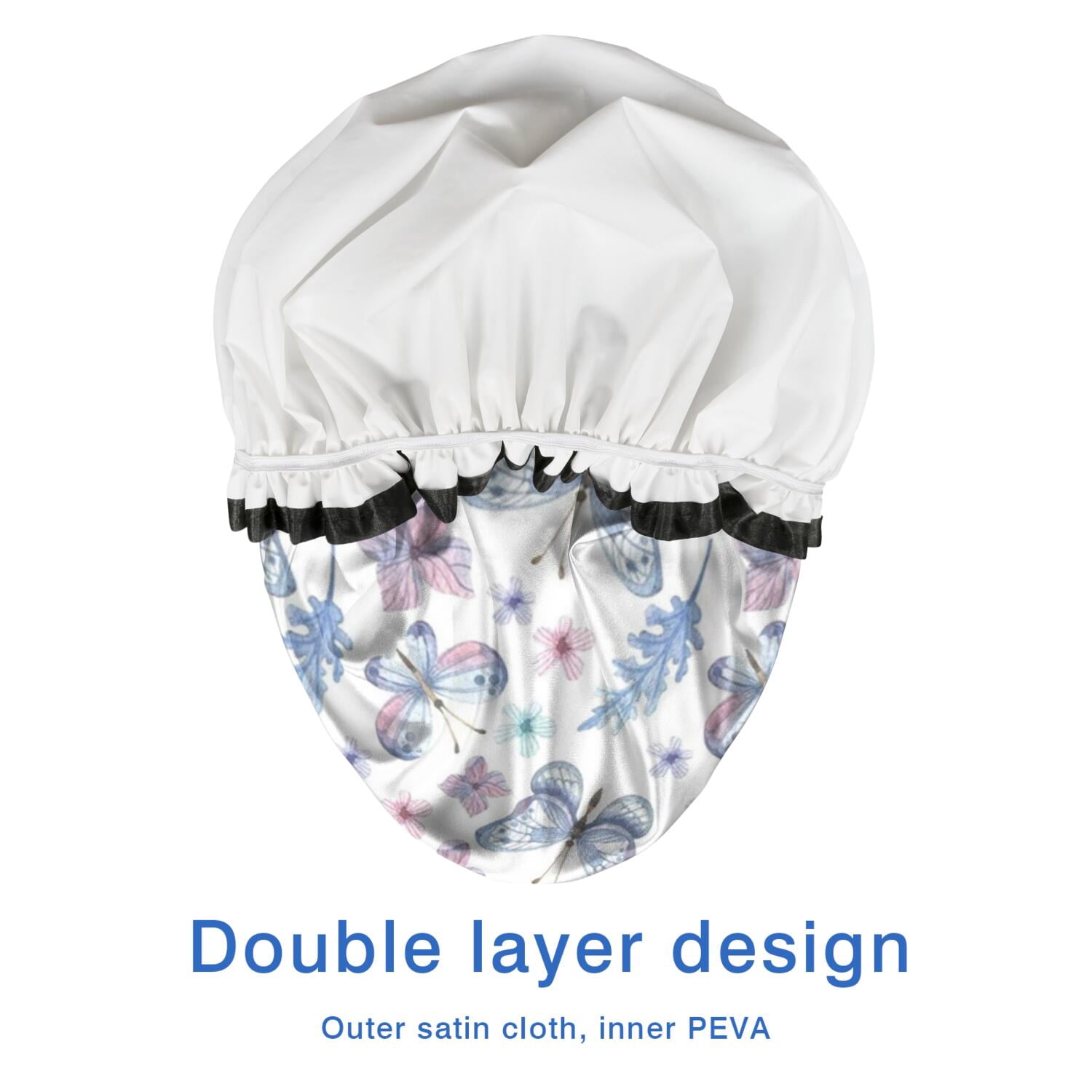 Shower Caps,Watercolor Butterfly Flower Leaf White Pattern Waterproof Shower Cap for Women 4 Pieces,Double Reusable Hair Cover for Shower PEVA Elastic Stretch Hem