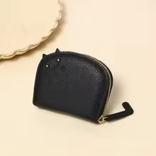Womens Cute Cat Leather Coin Purse Mini Zipper Wallet for Cards Keys Coins Travel Organizer 4.1in Compact Change Pouch Black