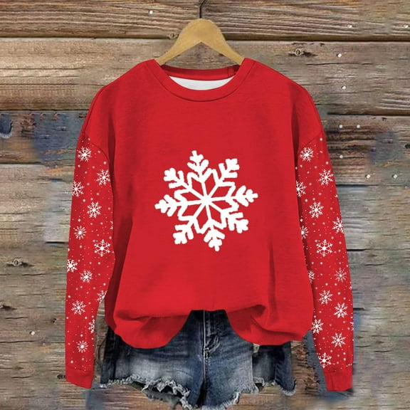 ClodeEU Women's Christmas Sweatshirt With Snowflake Pattern,Long Sleeve Crewneck Xmas Holiday Tops Red 01,Womens Plus XL