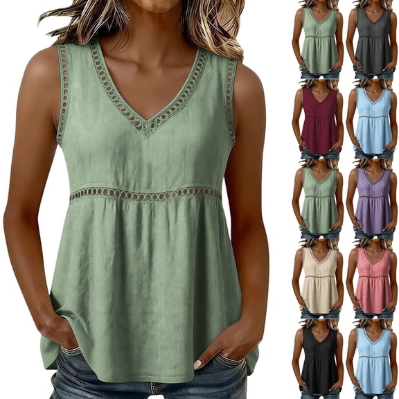 Women's Eyelet Tank Tops Casual Sleeveless V-Neck Blouses Empire Waist Trendy Boho Summer Beach Vacation Outfits