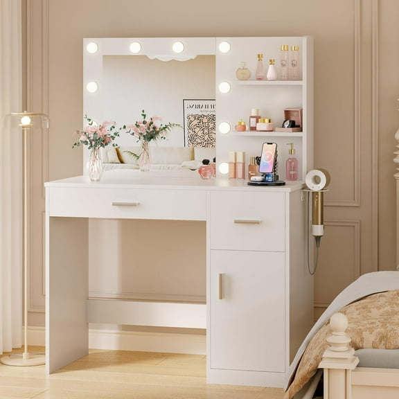 35.4" Vanity Desk with LED Mirror & Power Outlet, Makeup Vanity Table with 3 Open Storage Shelves, Drawers and Cabinet, 3 Model Adjustable Lights for Bedroom & Dressing Room (White)