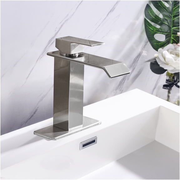 JERFIT Brushed Nickel Single Handle Bathroom Sink Faucet, Waterfall Spout Vanity Faucet with Pop-Up Drain, 1-Hole Mount, CUPC Certified