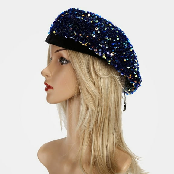 DOPI Cap Hat Autumn And Winter Sequins Beret Cap Thermal Warm Outdoor Women Adult Painter Hat Blue One Size