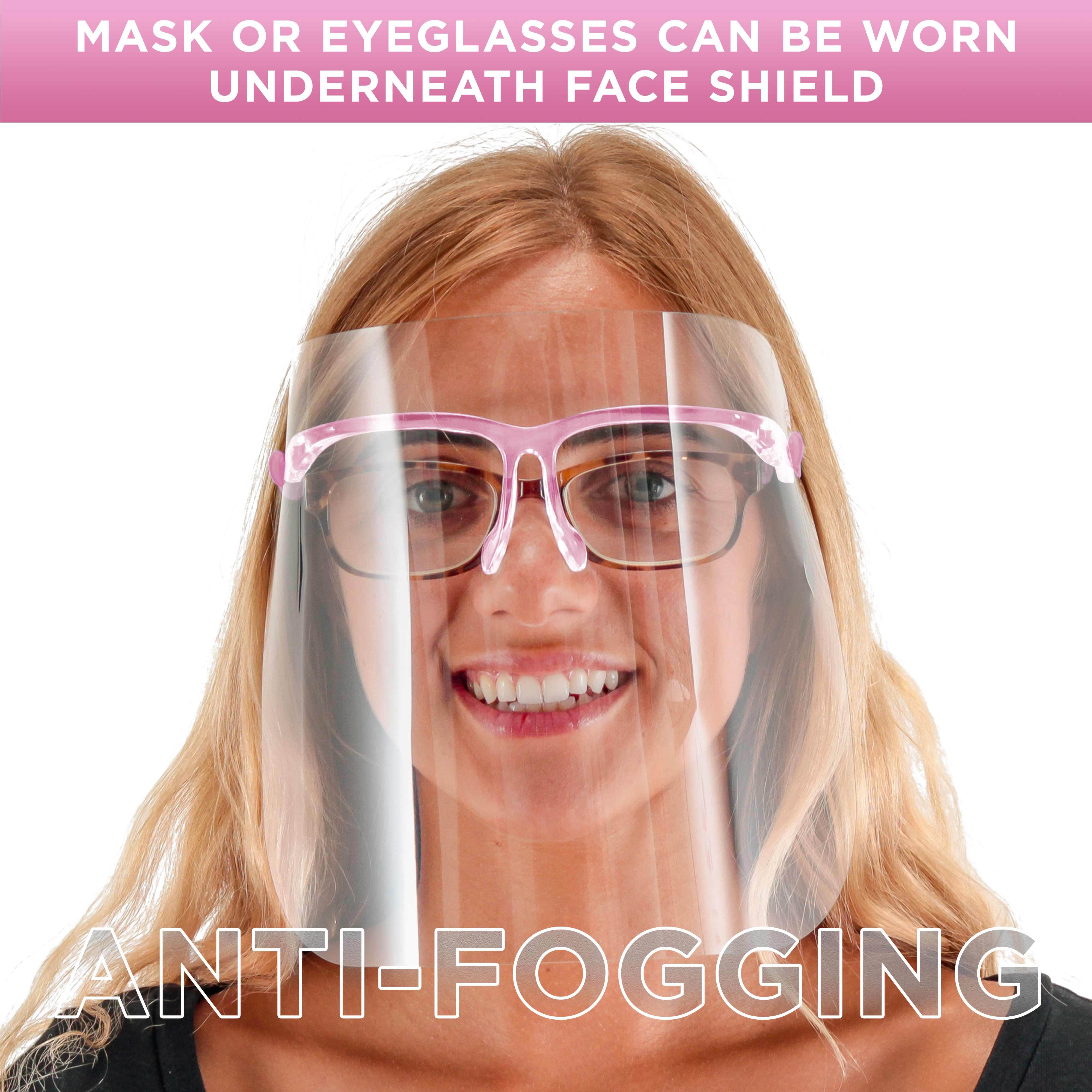 TCP Global Salon World Safety Face Shields with Pink Glasses Frames (Case of 500) - Ultra Clear Protective Full Face Shields to Protect Eyes, Nose, Mouth - Anti-Fog PET Plastic, Goggles