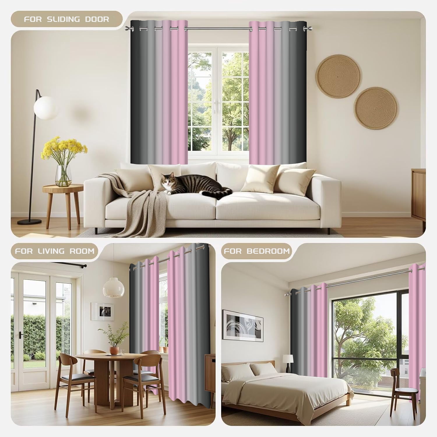Aofoto Pink Grey Black Blackout Curtains for Girls Living Room, Room Darkening Abstract Window Drapes Treatments With Grommet, 2 Panels, 42"x84"