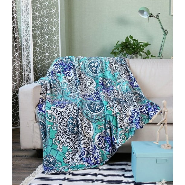 Lush Elegance Extra Soft Modern Art Microplush Throw Blanket 50 X 60 Teal Floral Medallion Walmart Com Walmart Com