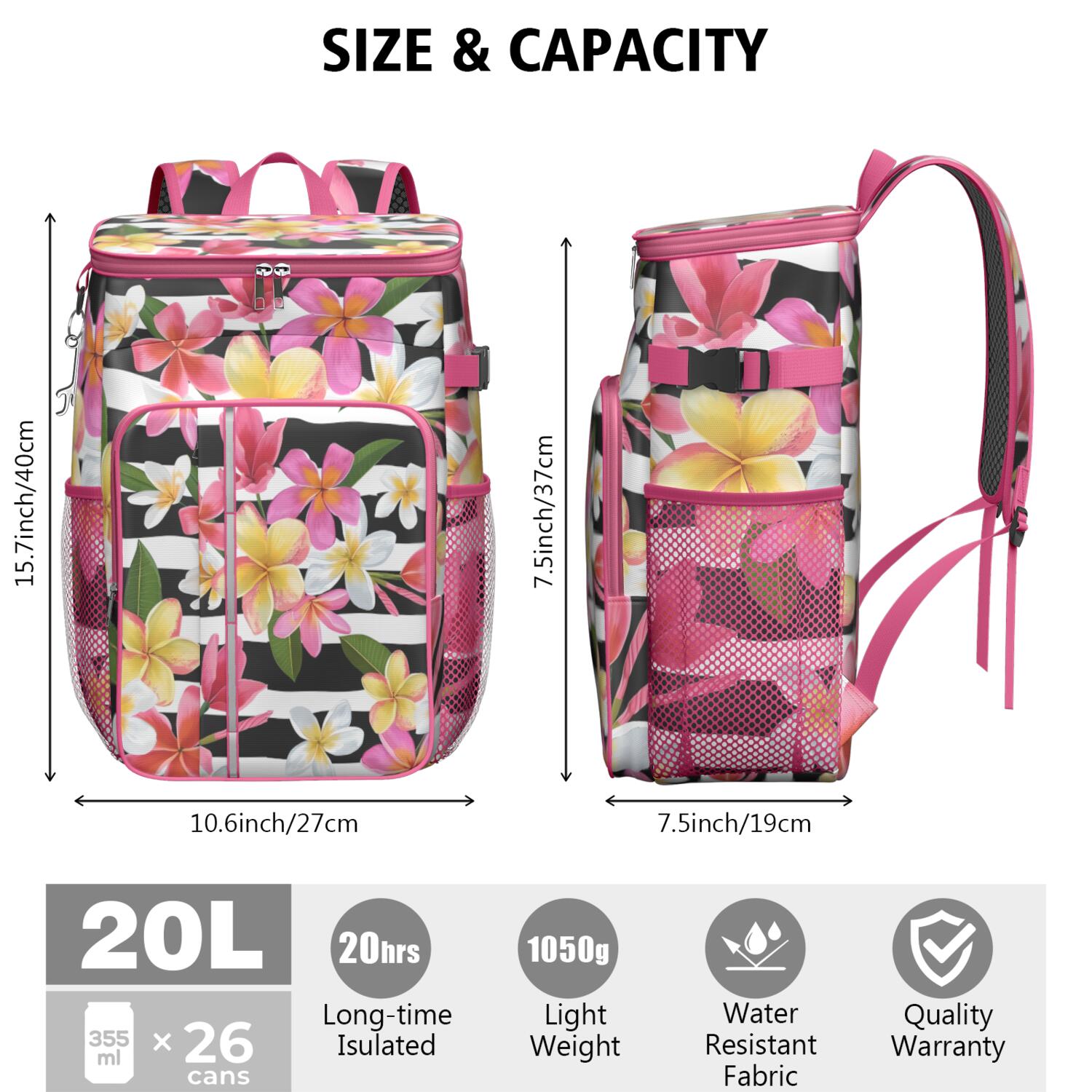 Travel Cooler Bag - Pioneer Flower Floral Print Pattern Camping Beer Cooler Backpack with Bottle Opener- Waterproof Insulated Picnic Backpacks - Cooler Bag for Beach