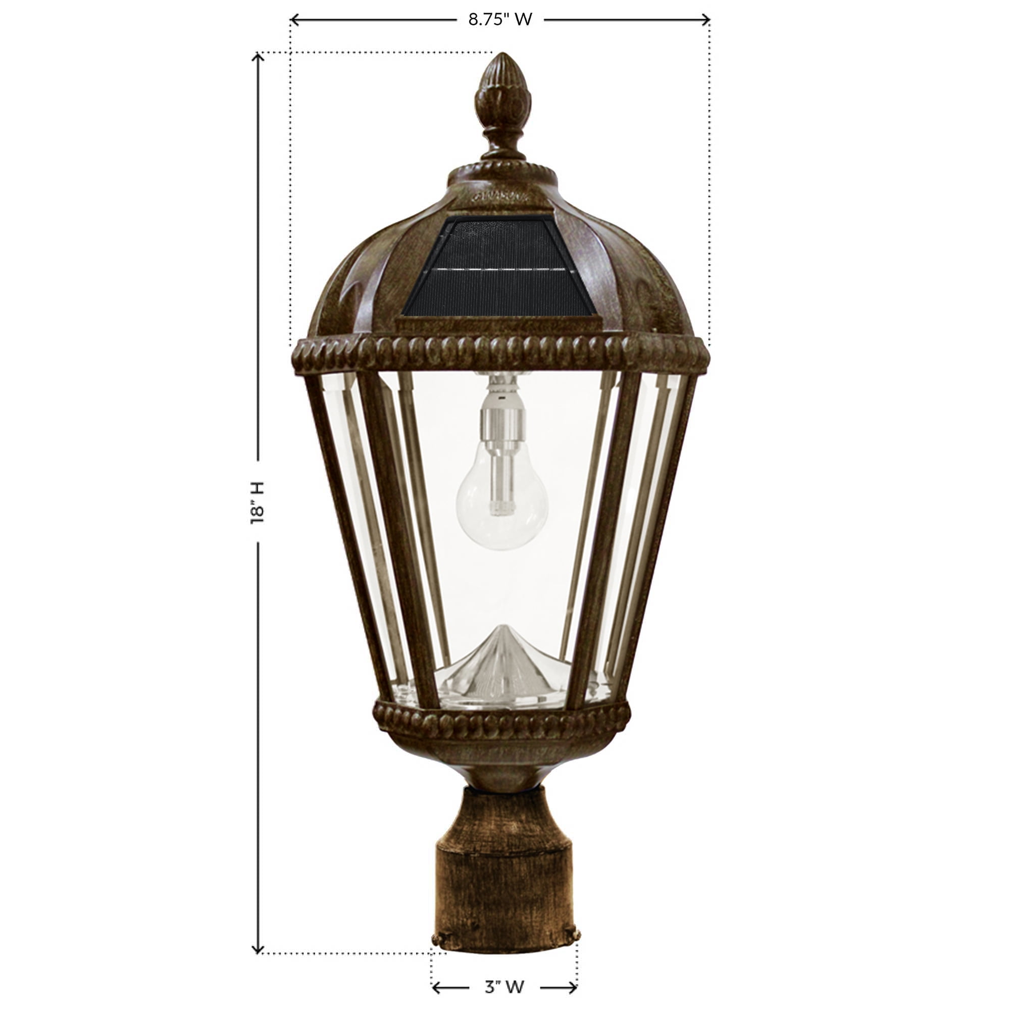 Gama Sonic Outdoor Solar Post Light, Weathered Bronze Finish Aluminum, Royal Bulb, Beveled Glass, 3-inch Fitter for Lamp Posts or Pier Mount (Sold Separately) 98B312