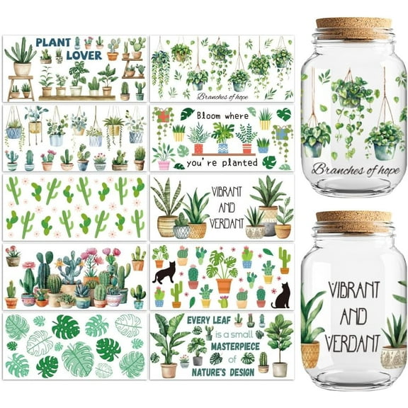 UV DTF Cup Transfer Wraps Stickers Green Plants 10 Sheets Waterproof Vinyl 16oz Coffee Glass Cup Tumbler Bottle Mug Decals for Men Women Mixed Color