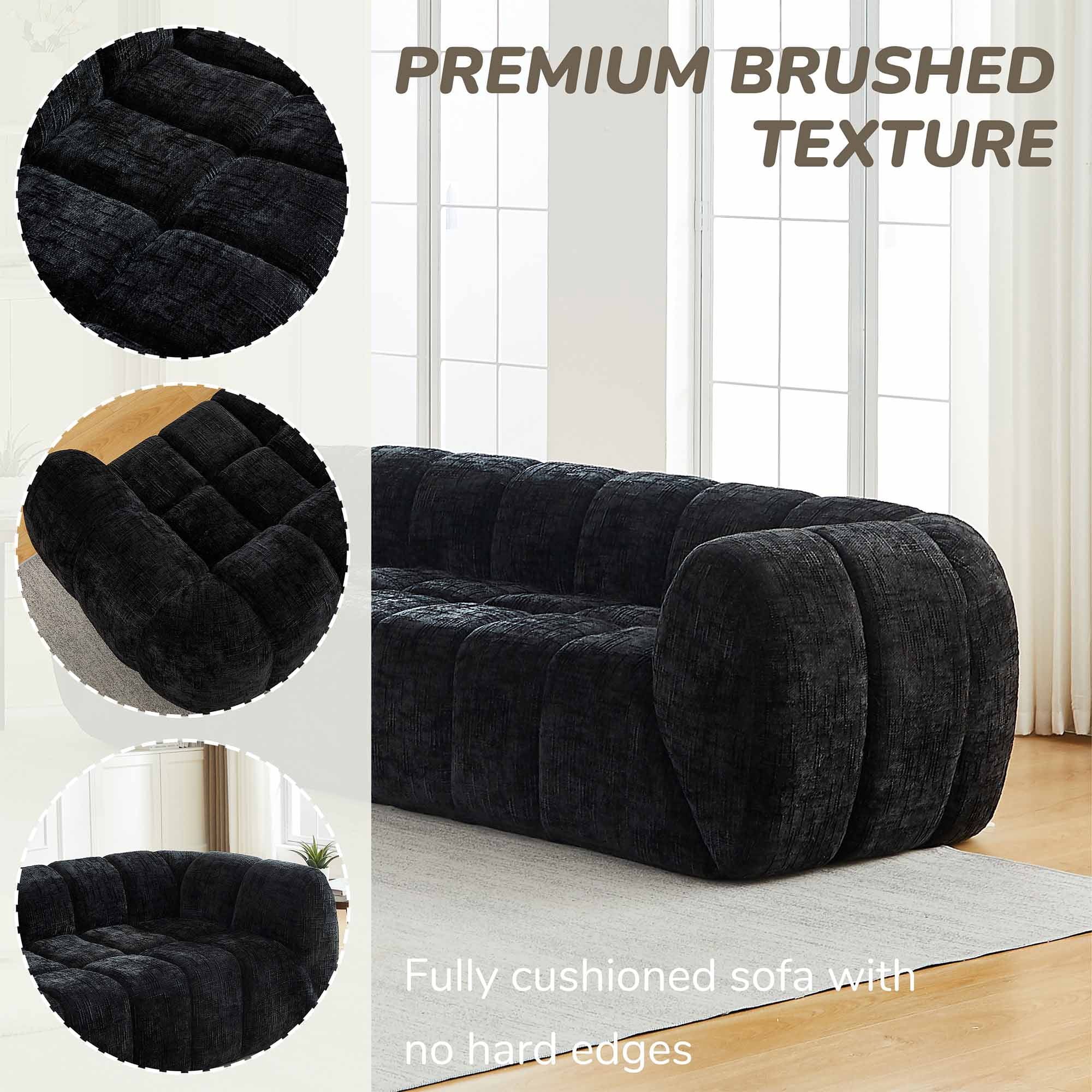 Lunale 3-Seater Boneless Sofa, No Assembly Required, Modern Cloud Couch for Living Room, Apartment, Black Chenille