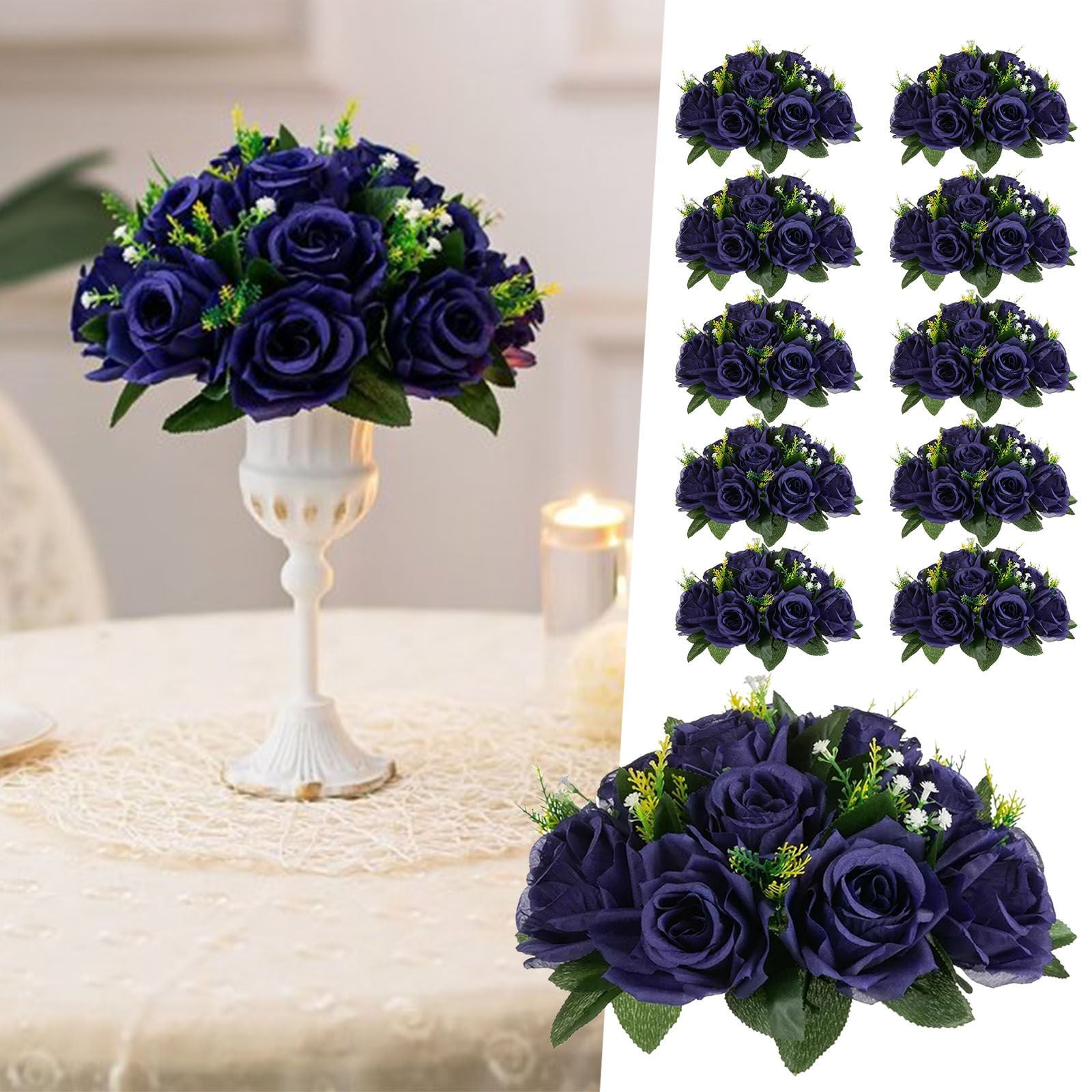 WYQLFSB Artificial Flowers for Outdoor 10pcs Dark Blue Road Flower Main Table Flower Silk Flower Flower Ball Wedding Car Staircase Decoration Wedding Supplies Props Home Decor Navy One Size