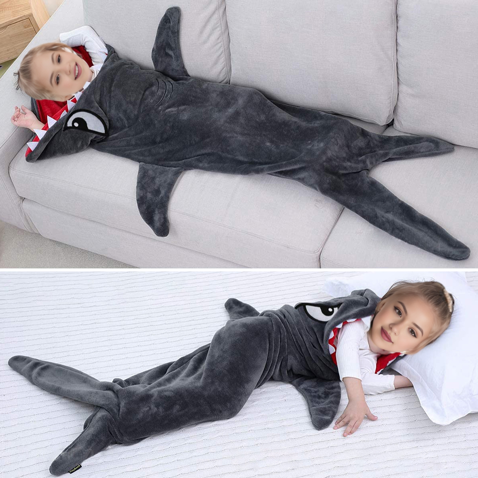 Pureoy Sleeping Bag Cartoon Shark Shape Soft Flannel Camping Family 