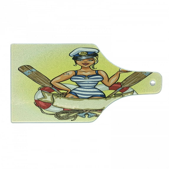 Retro Cutting Board, Pin-Up Sailor Girl Life with Captain Hat and Costume Glass of Beer Feminine, Decorative Tempered Glass Cutting and Serving Board, Wine Bottle Shape, Multicolor, by Ambesonne