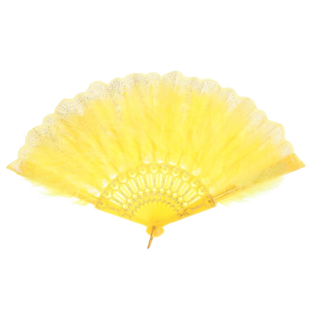 Abanico de Mano de Plumas Unique Bargains Vintage Amarillo Plegable con Borla y Pluma de Jade