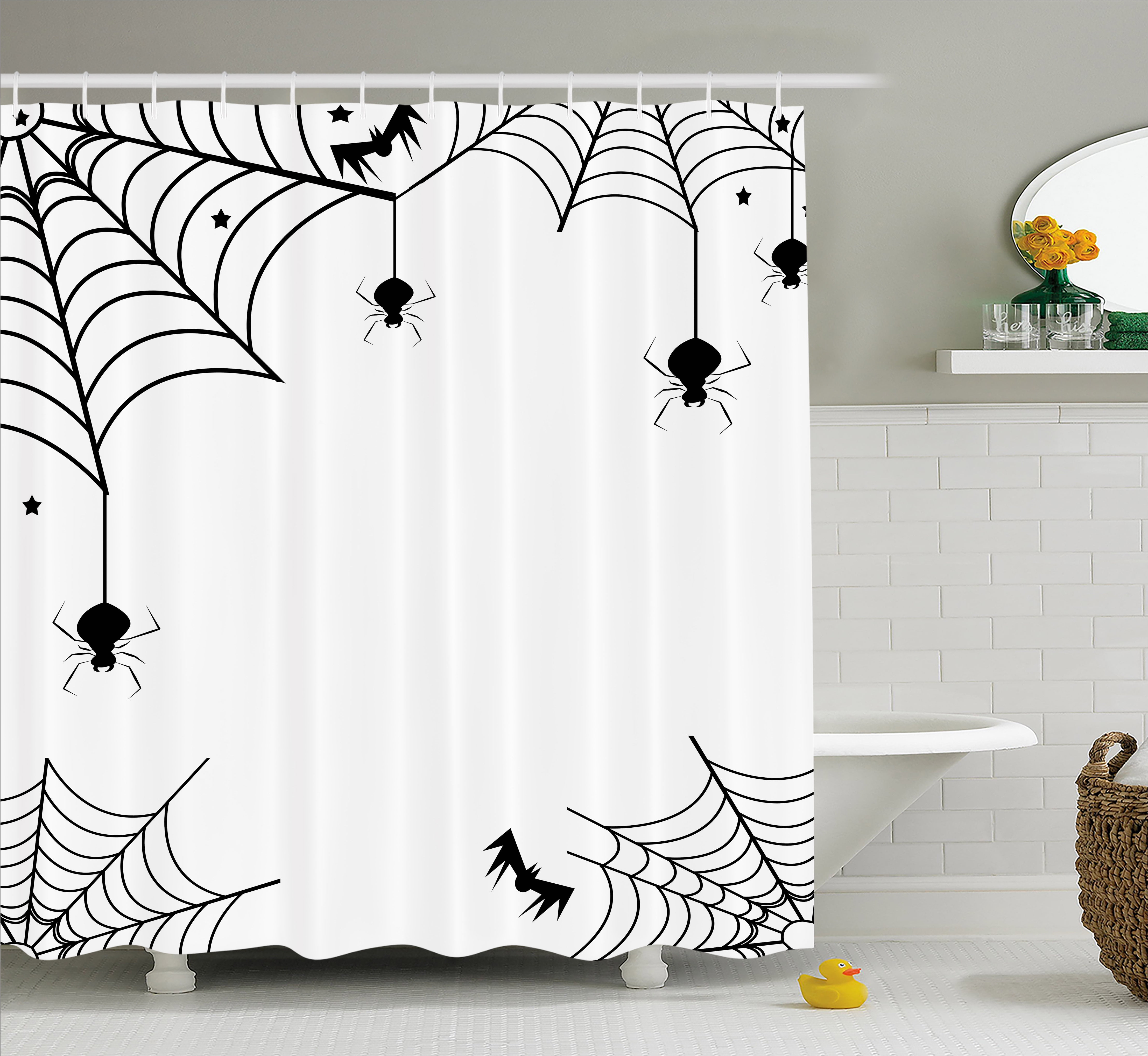 Spider Shower Curtain, Spiders Bats and Little Stars Monochrome