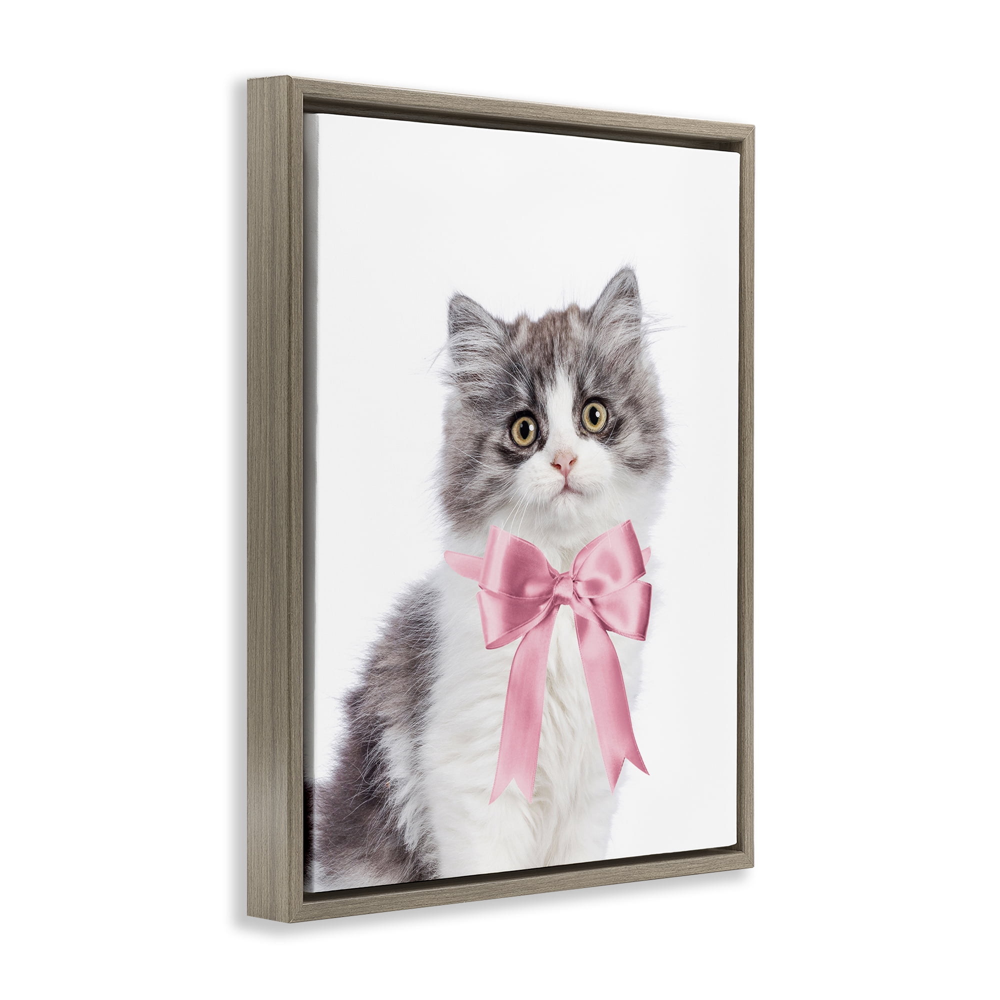 Stupell Industries Kitten with Pink Bow Animals Painting Brown Floater Framed Canvas Art Print Wall Art, 17 x 21