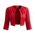 thumbnail image 3 of Scyoekwg Women 3/4 Sleeve Pleated Collarless Cropped Jacket Open Front Short Dressy Shrug Coat Casual Layering Jacket for Wedding Party Daily (Red,XS), 3 of 3