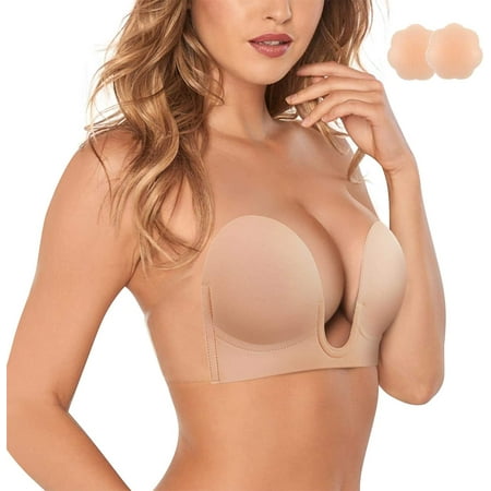 

Molutan Plunge Strapless Sticky Push Up Bra Backless Adhesive Invisible with Nipple Covers(Beige XL)