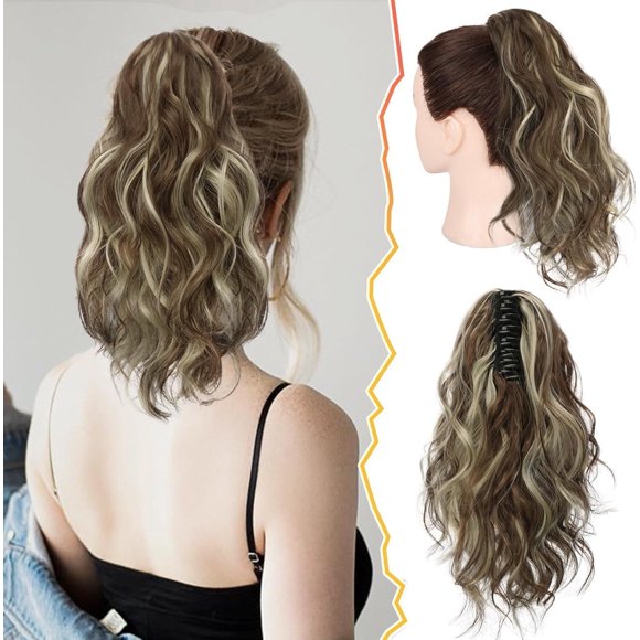 shiyou-Short Wavy Ponytail Extension - Claw Clip Highlight Ponytail Hair Extensions for Women - 14 Inch Synthetic Claw Clip in Pony Tails Hairpieces Daily Party - Medium Brown & Blonde