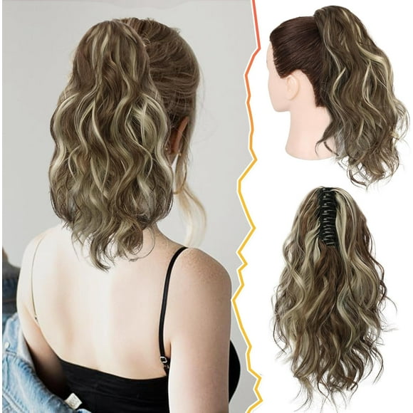 shiyou-Short Wavy Ponytail Extension - Claw Clip Highlight Ponytail Hair Extensions for Women - 14 Inch Synthetic Claw Clip in Pony Tails Hairpieces Daily Party - Medium Brown & Blonde