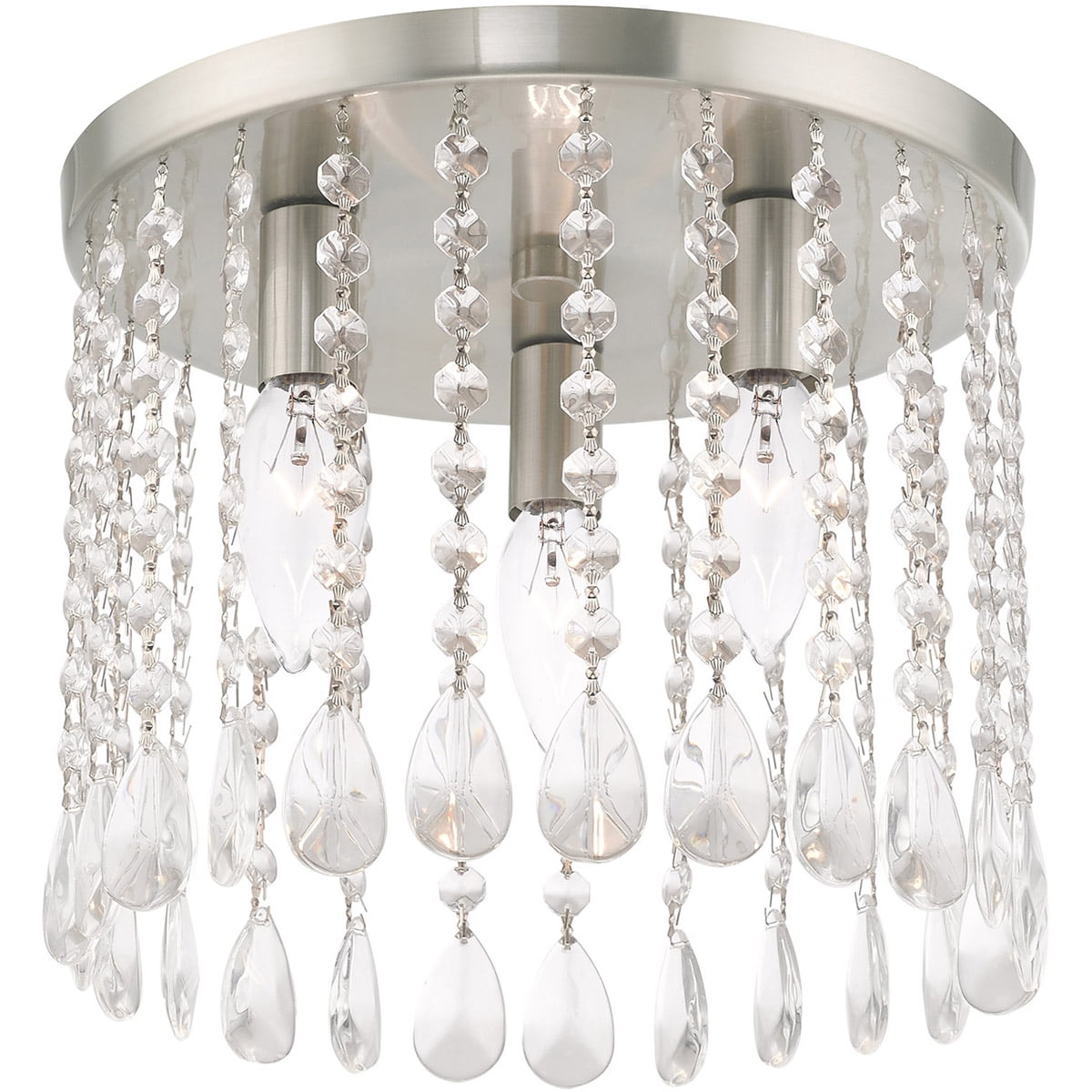 3 Light Brushed Nickel Ceiling Light fixture with Clear Crystals Shade