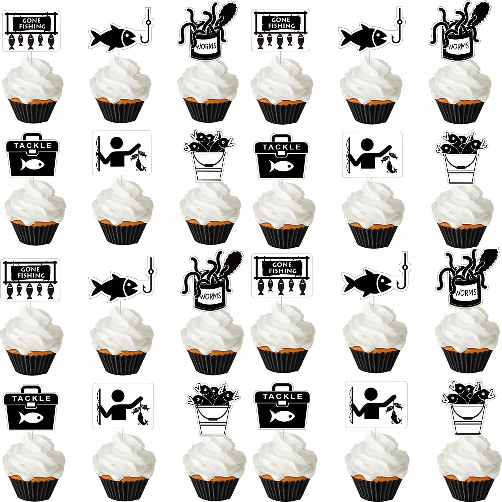 24Pcs Gone Fishing Cupcake Toppers Little Fisherman Theme Party