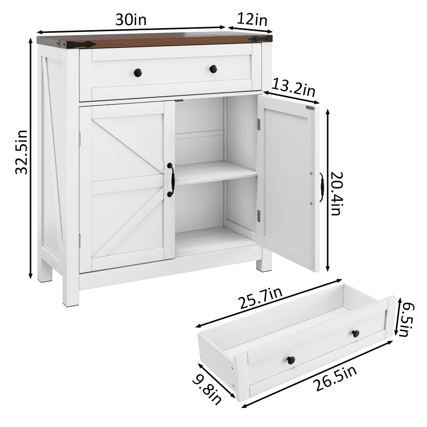 Oufan Farmhouse Storage Cabinet with Drawer and 2 Doors, Adjustable Shelf Freestanding Kitchen Pantry Cabinet, Modern Coffee Bar Console Cabinet for Kitchen,Living Room,Bedroom, White