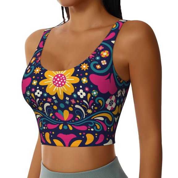 Picia Cinco De Mayo Floral Sports Bra for Women,Padded Strappy Sports Bras Medium Support Yoga Bra with Removable Cups,Running Yoga Bra-X-Large
