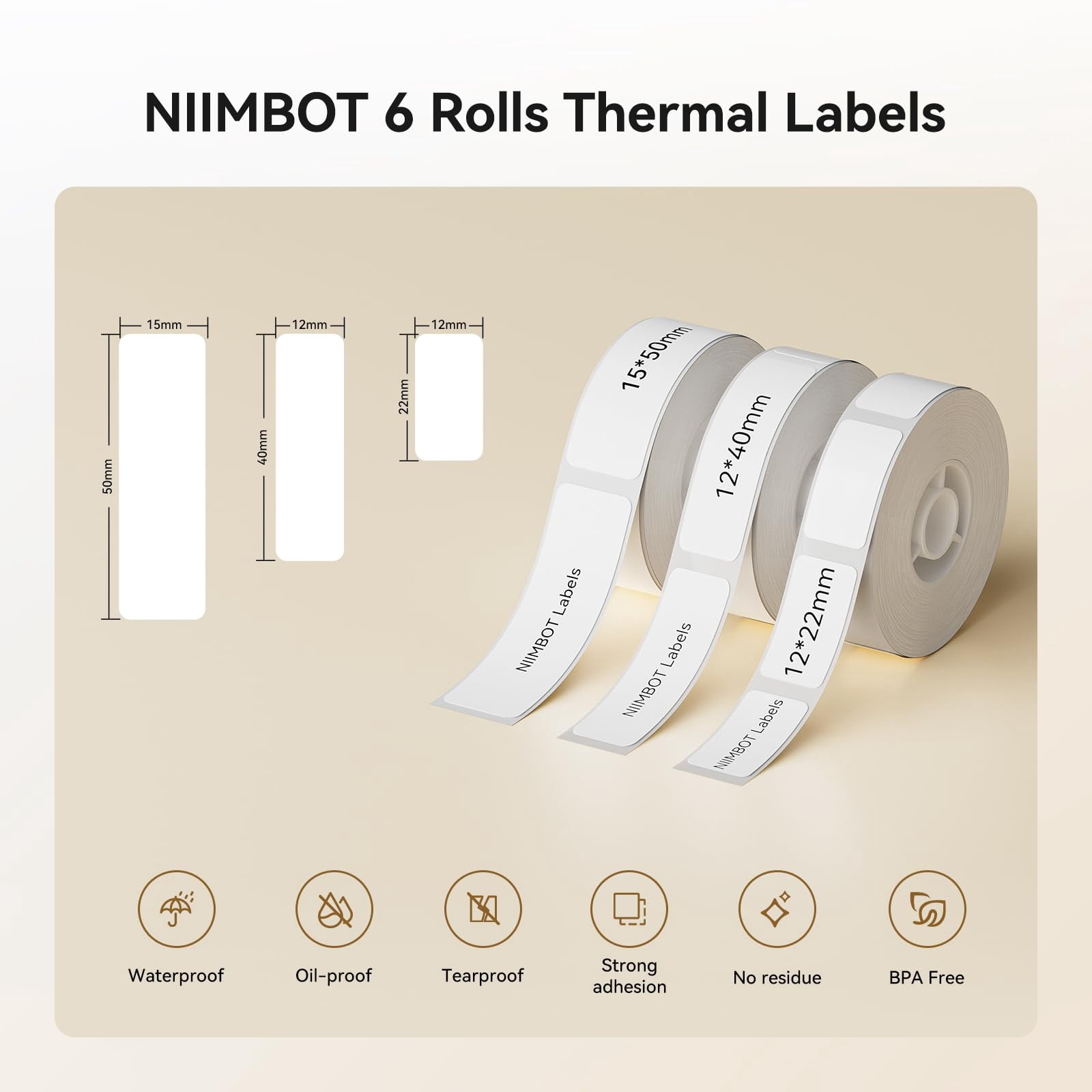 NIIMBOT 6 Rolls Labels for D11/D110/D101 Label Printer, Thermal Labels 15x50mm/2 Rolls, 12x 40mm/2 Rolls, 12 x 22mm/2 Rolls, for Home Office School