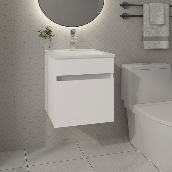 Modern Bathroom Vanity FM FURNITURE Belle Bathroom Floating Vanity with Sink, 1 Door, White,Wooden Bathroom Vanity