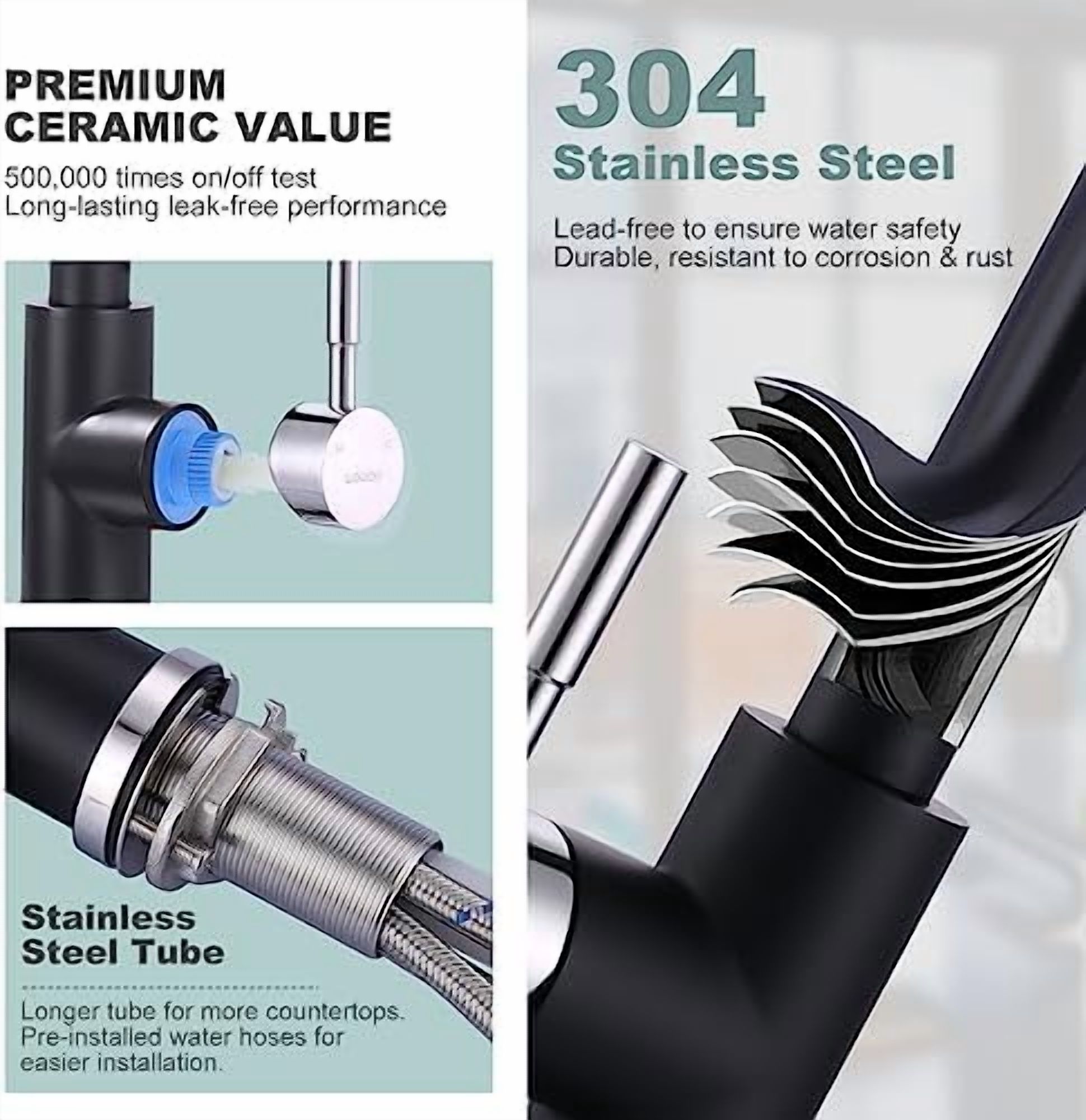 Black and Chrome Kitchen Faucet with Sprayer,  Stainless Steel Kitchen Sink Faucet High Arc Utility Sink Faucet 1 or 3 Hole, Kitchen Tap for RV, Laundry, Bar