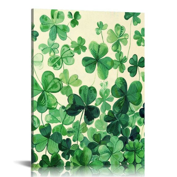 Acheng St. Patrick's Day Canvas Wall Art Framed Wall Decoration Lucky Clover Wall Leaves Green Nature Aesthetic Wall Artwork Ready to Hang Wall Pictures for Living Room Bedroom Decor  12x16 in