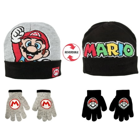 Boys Hat and Gloves Set, Kids Nintendo Mario Reversible Hat and 2 Pair Gloves Age 4-7