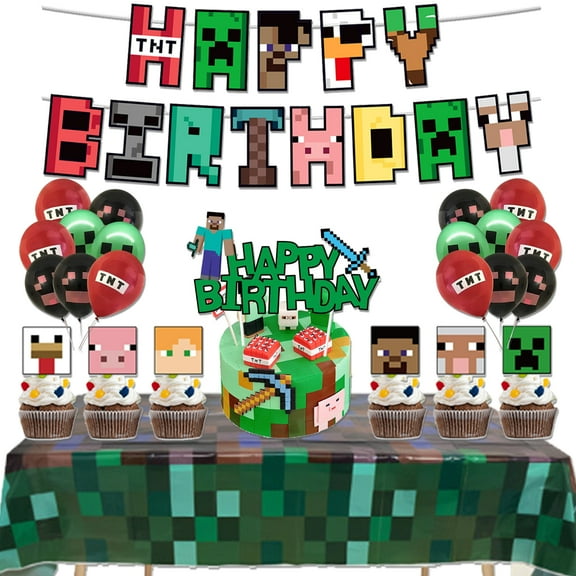 45 Pcs Pixel Birthday Decorations, Party Decorations, Birthday Party Supplies, Banner, Balloons, Tablecloth, Cupcake Toppers, Large Cake Decorations for Boys Girls Cartoon Theme Party
