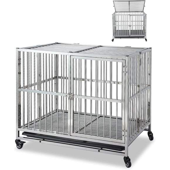 QinaQin Jaula plegable para perro de acero inoxidable con ruedas, charola y techo, kennel mediano con cerradura, fácil de mover, limpiar y resistente al óxido