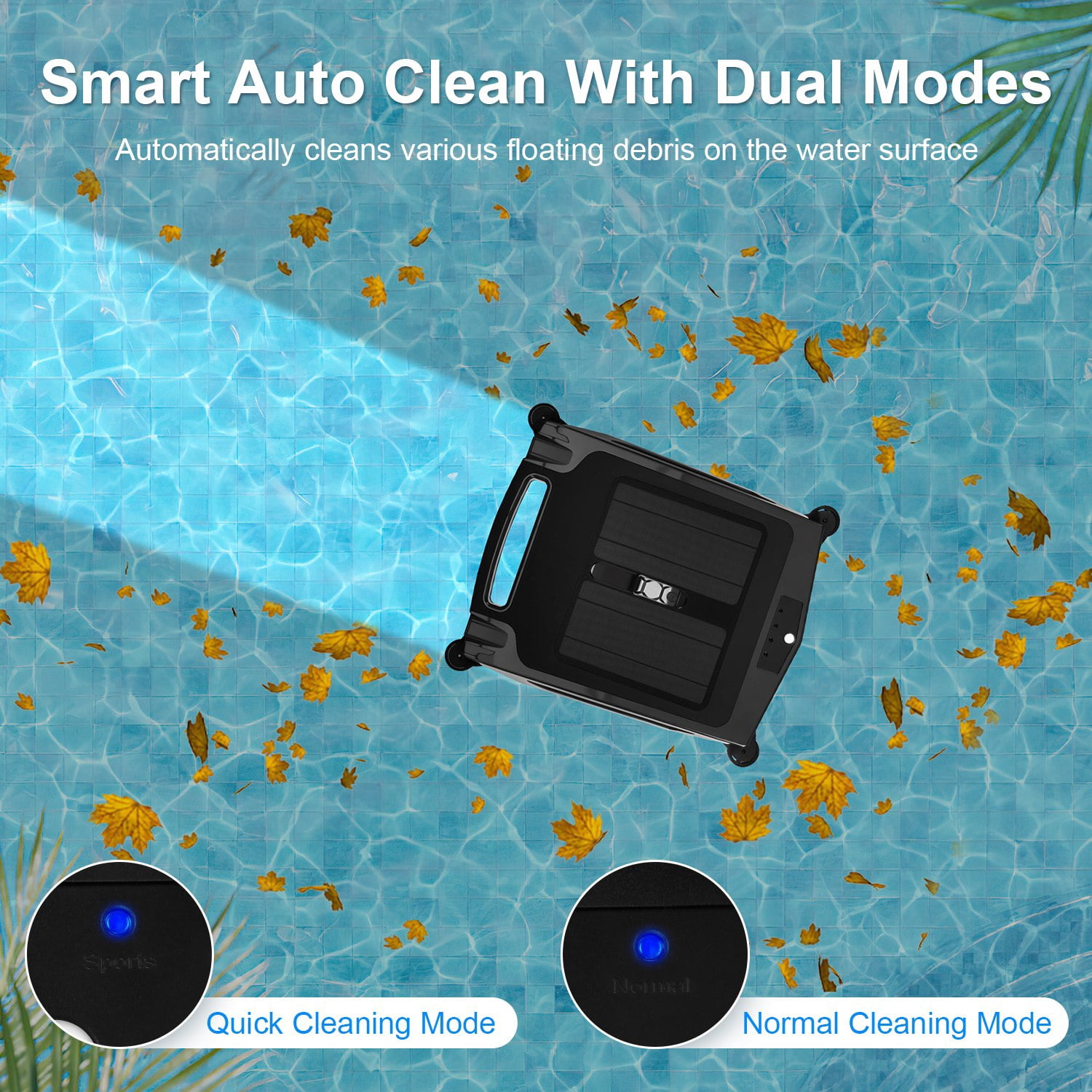 Imountek Solar-Powered Robotic Pool Skimmer, Automatic Swimming Pool Surface Cleaner with APP Control, 2 Cleaning Modes, Dual Charging (Solar/Adapter), IPX7 Waterproof, 1937 sq.ft Coverage