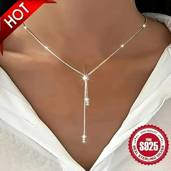 Elegant 925 Sterling Silver Y-Shape Necklace For Women, Adjustable Bead Slider, Simple Classic Design, Silver Plated, Hypoallergenic, Versatile For All Seasons, Ideal For Daily Wear & Vacation