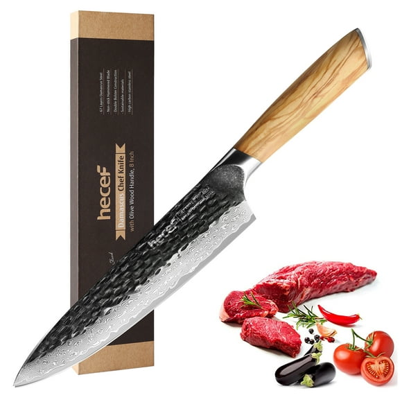 Hecef Couteau de Chef Japonais Damas 8 Pouces, Rasoir Tranchant 67 Couches Couteau à Sushi à Viande en Acier Damas