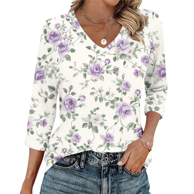 Ounisa T-Shirts à Manches 3/4 pour Femmes Col en V Manches Raglan Chandail Imprimé Décontracté Tendance Printemps Été Mode Hauts P-2TG