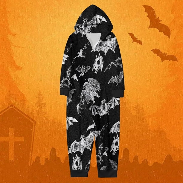 Family Halloween Pjs Matching Sets Halloween Print Long Sleeve Zippered One Piece Pajama Hooded Jumpsuit Winter Halloween Pjs Family Set