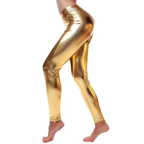 Women's Leggings Shiny Liquid Metallic High Waist Stretch Leggings,Yellow,2XL