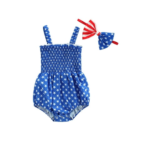 

xkwyshop Newborn Baby Girl Clothes 4th of July Romper Independence Day Backless Stars Print Sling Bodysuit+Headband 6-12 Months