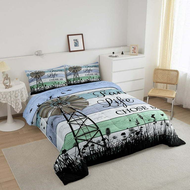 Windmill King Comforter Set Rustic Windmill Farmhouse Bedding Set Western Vintage Barn Down Comforter For Kids Teens Adult Butterfly Flower Silhouette Duvet Insert Windmill Bedroom Decor Teal Blue Wal...